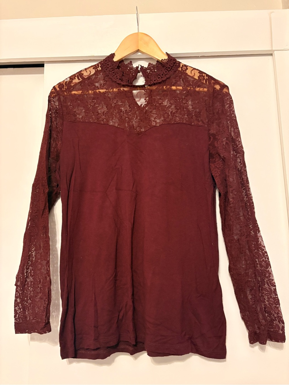 INC International Concepts Burgundy Lace Yoke Long-Sleeve Top